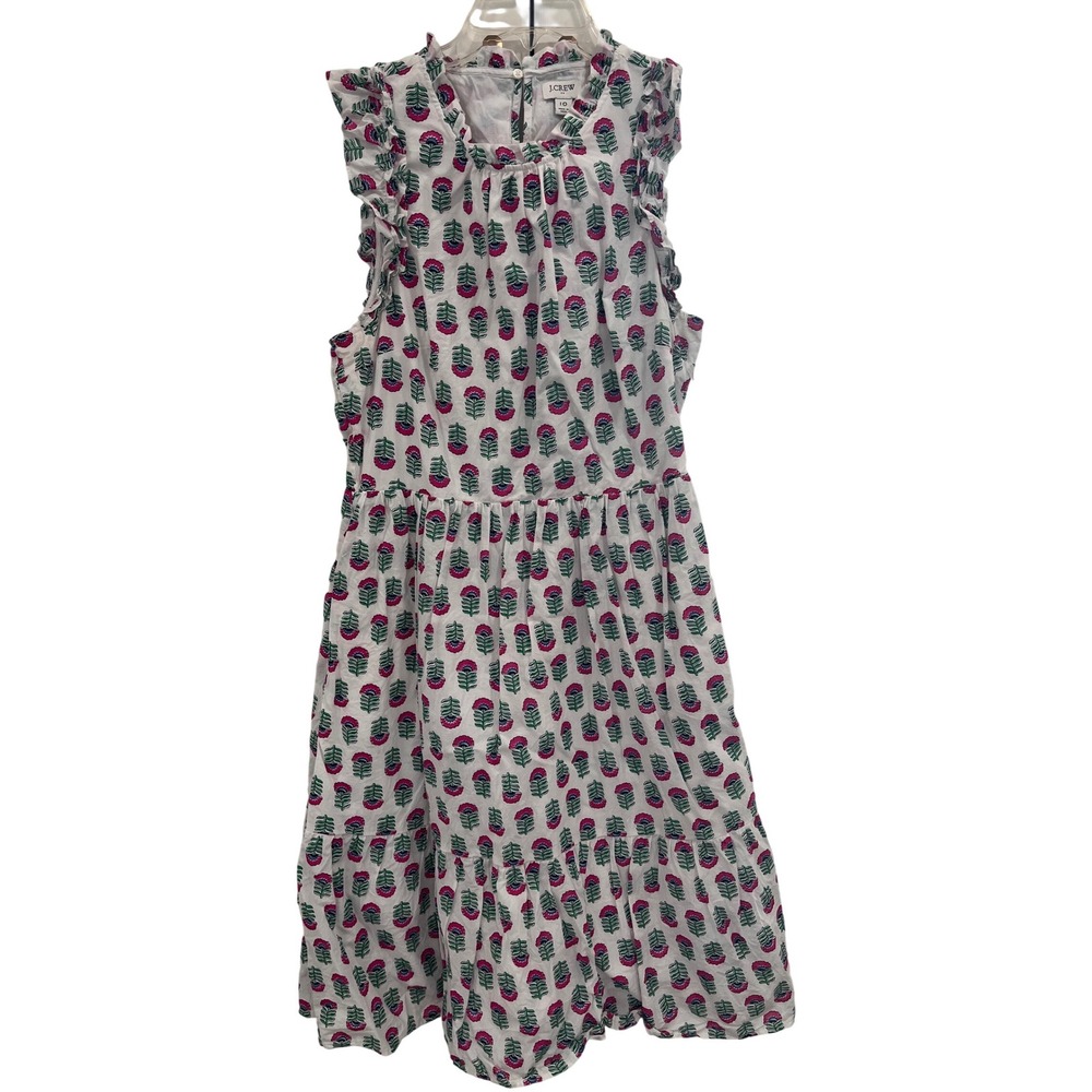 J Crew Floral Print Ruffle Neck Dress Size 10 White‎ Pink Green